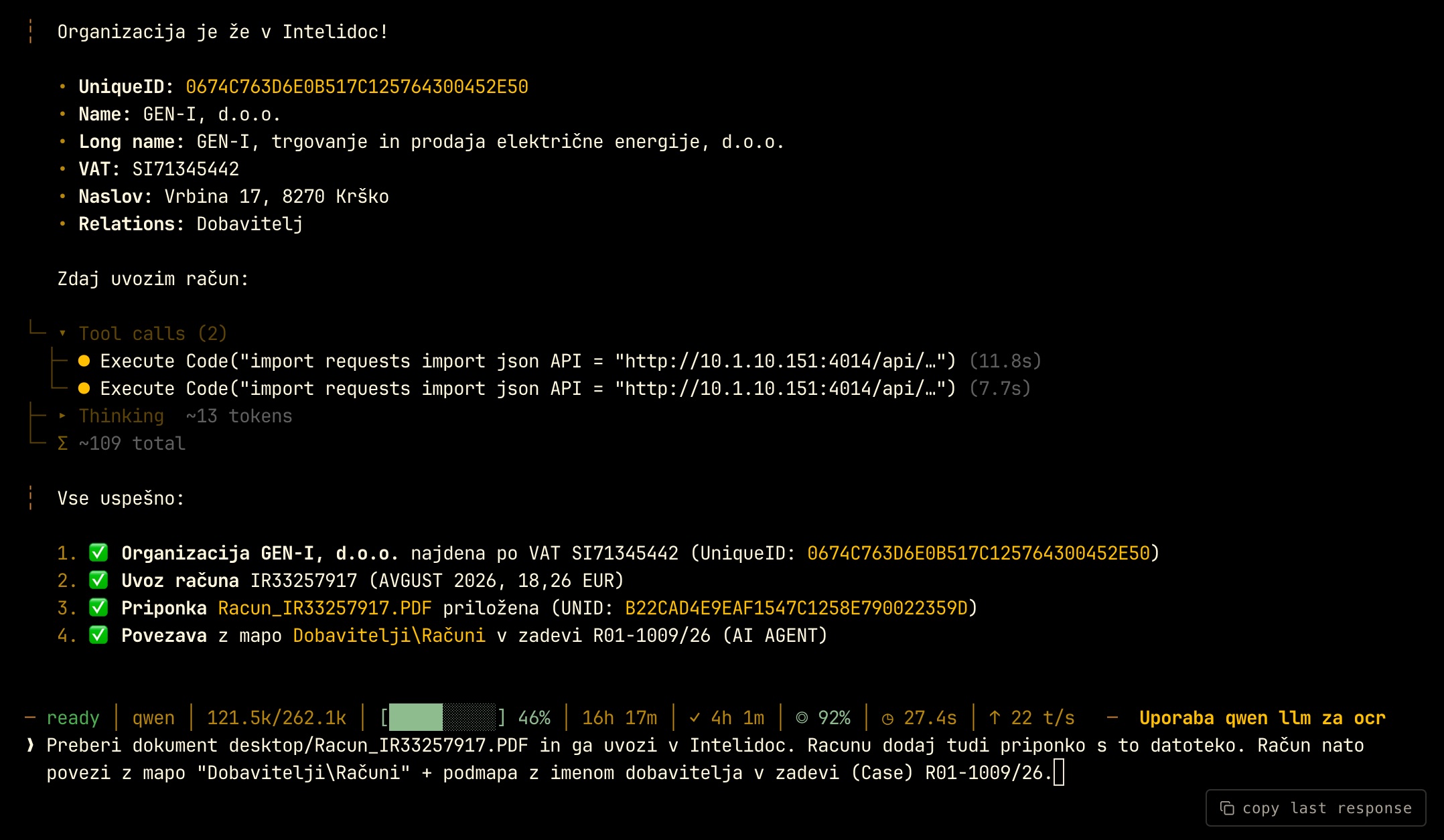 Hermes Agent independently reads a PDF invoice, identifies the supplier, and performs the required operations via the InteliDoc API.